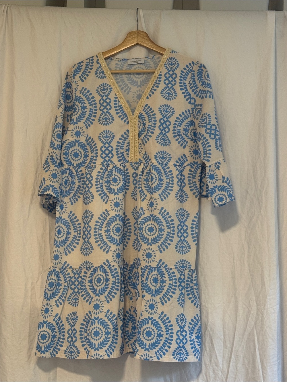 Cream Midi Dress with Blue Embroidered Medallion Pattern